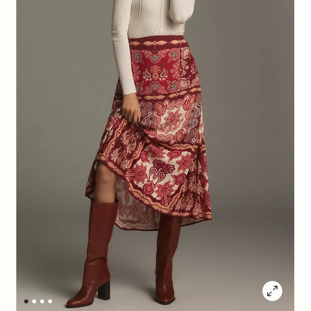 Farm Rio x Anthropologie Satin Slip Midi Skirt red printed